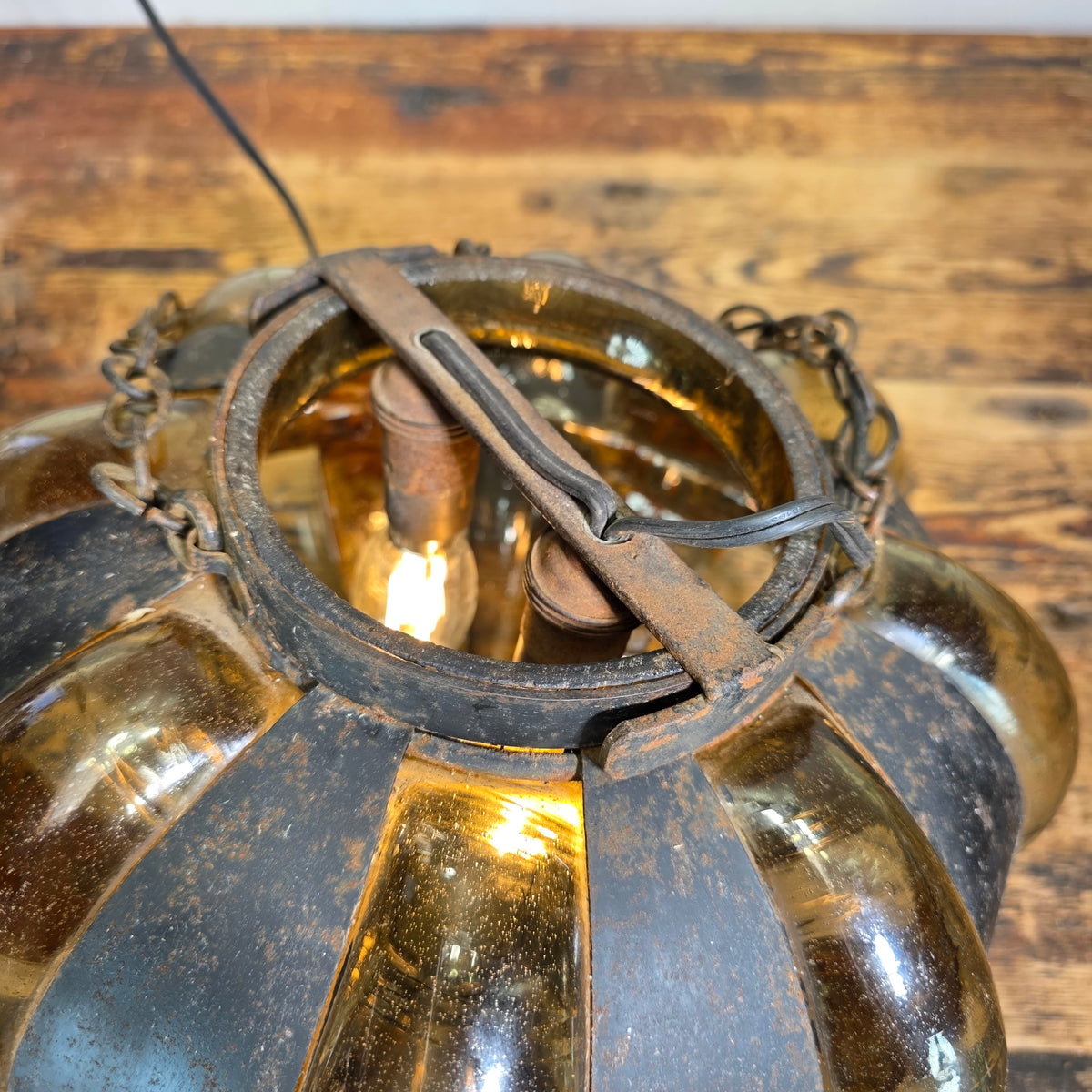 Vintage Caged Blown Glass Pumpkin Pendant Light Spanish Iron Onion Lamp Green