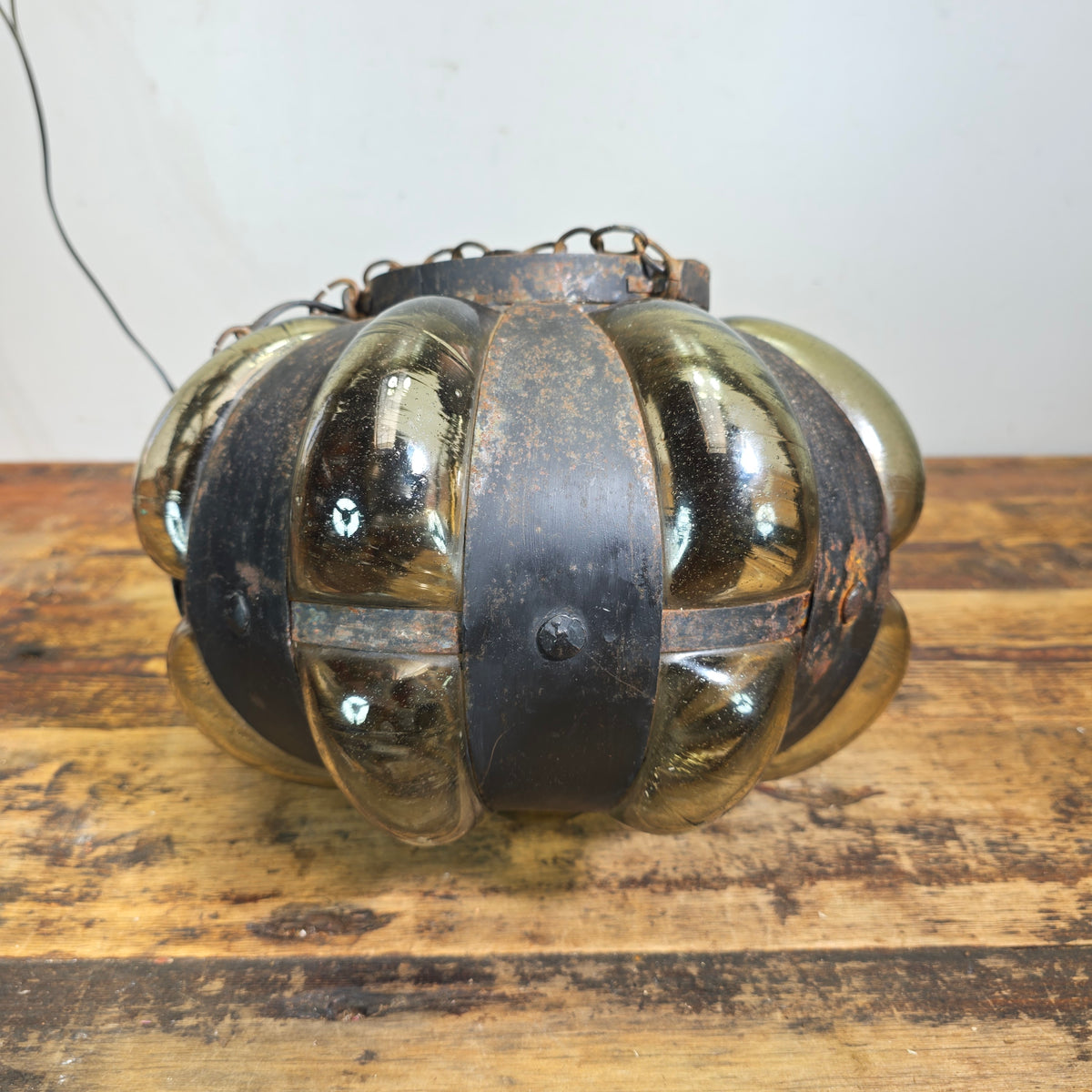 Vintage Caged Blown Glass Pumpkin Pendant Light Spanish Iron Onion Lamp Green