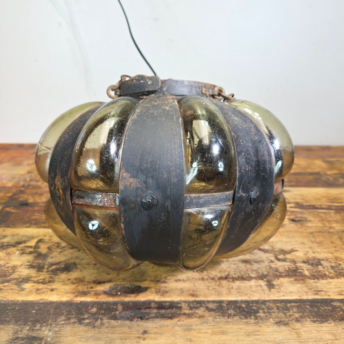 Vintage Caged Blown Glass Pumpkin Pendant Light Spanish Iron Onion Lamp Green