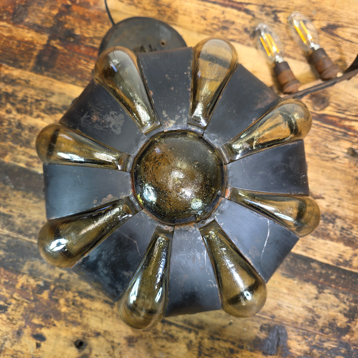 Vintage Caged Blown Glass Pumpkin Pendant Light Spanish Iron Onion Lamp Green