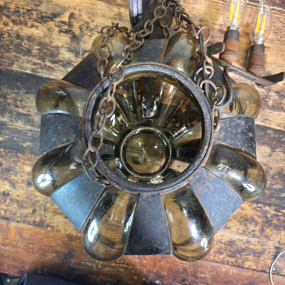 Vintage Caged Blown Glass Pumpkin Pendant Light Spanish Iron Onion Lamp Green