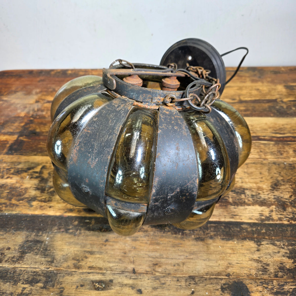 Vintage Caged Blown Glass Pumpkin Pendant Light Spanish Iron Onion Lamp Green
