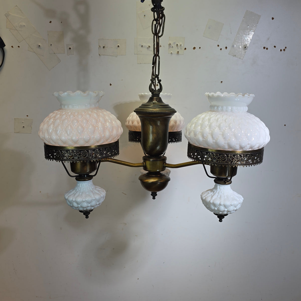 Vintage Hobnail Milk Glass Chandelier 3 Light Brass Hanging Fixture Ceiling Lamp