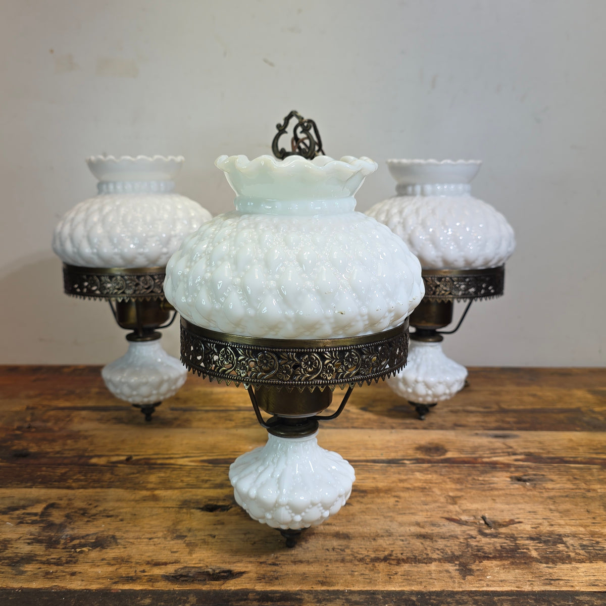 Vintage Hobnail Milk Glass Chandelier 3 Light Brass Hanging Fixture Ceiling Lamp