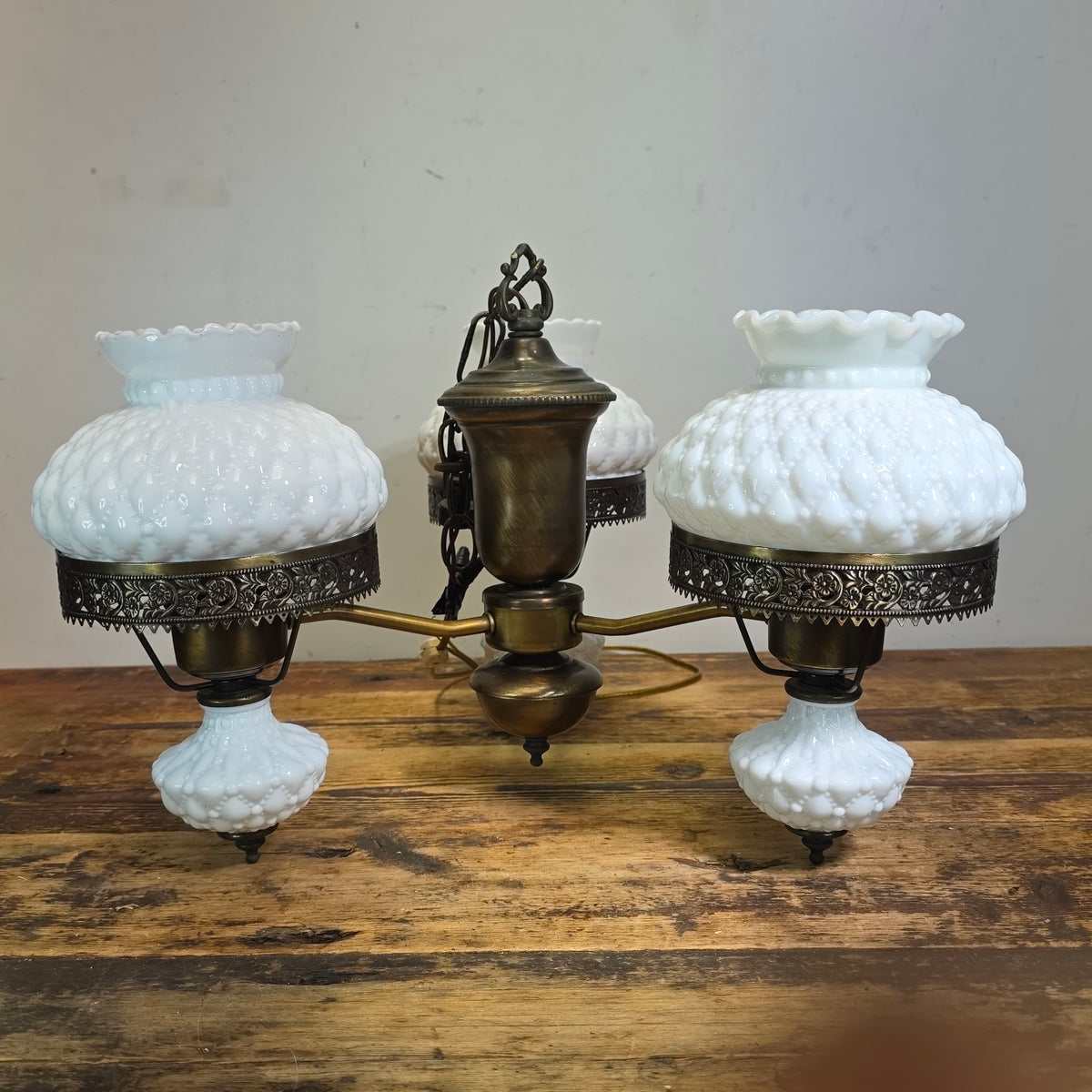 Vintage Hobnail Milk Glass Chandelier 3 Light Brass Hanging Fixture Ceiling Lamp