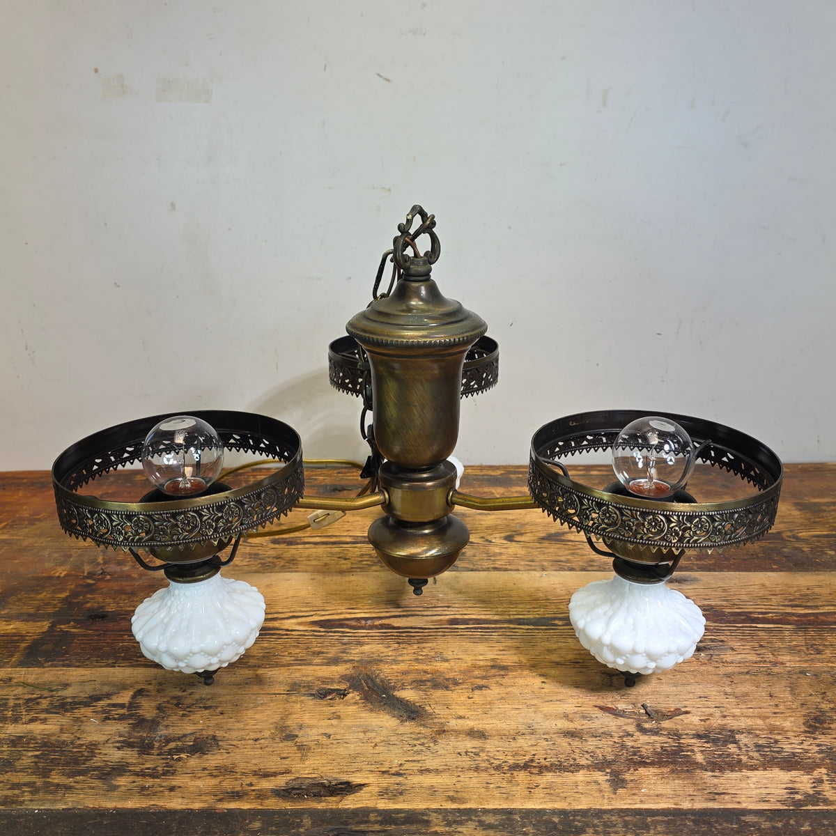Vintage Hobnail Milk Glass Chandelier 3 Light Brass Hanging Fixture Ceiling Lamp