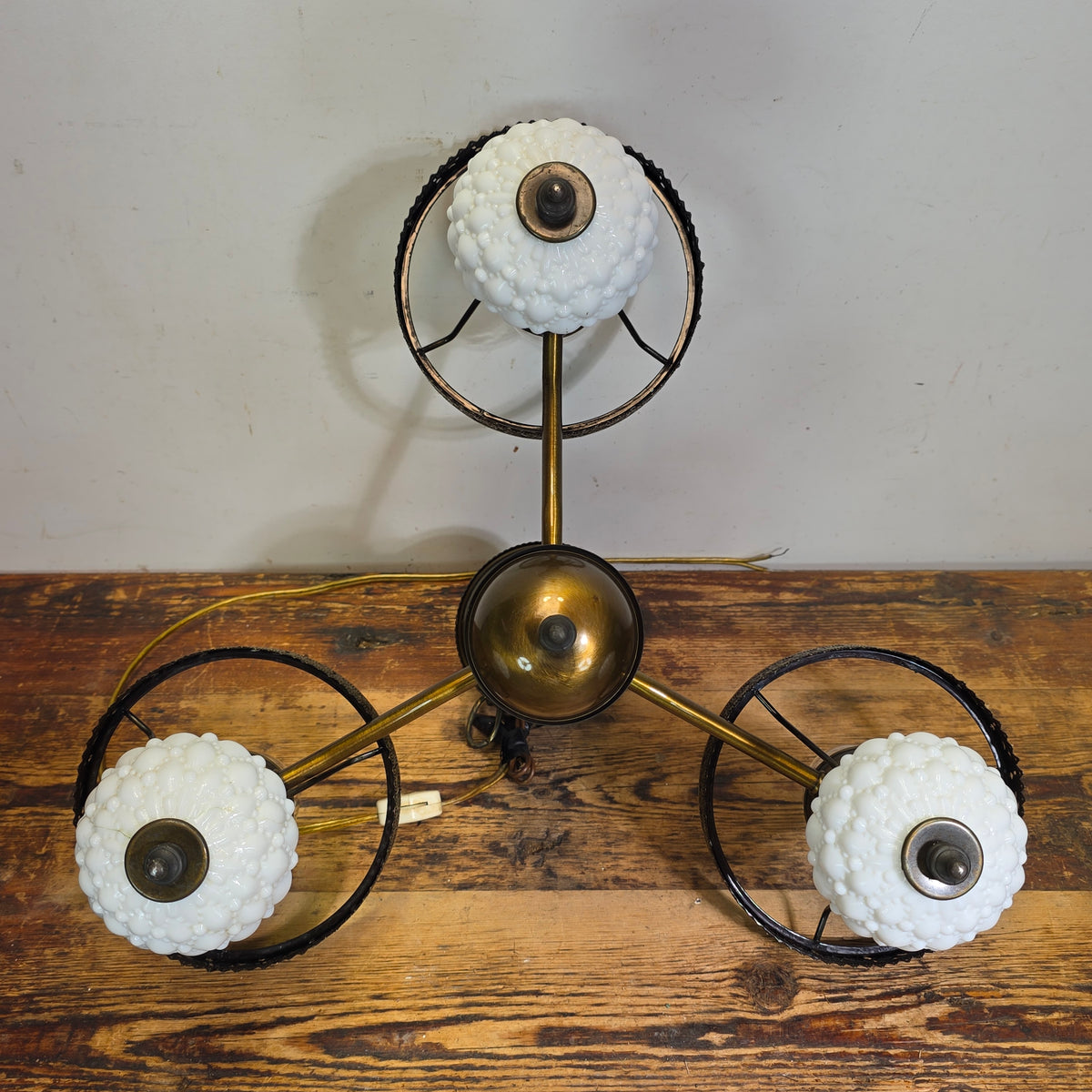 Vintage Hobnail Milk Glass Chandelier 3 Light Brass Hanging Fixture Ceiling Lamp