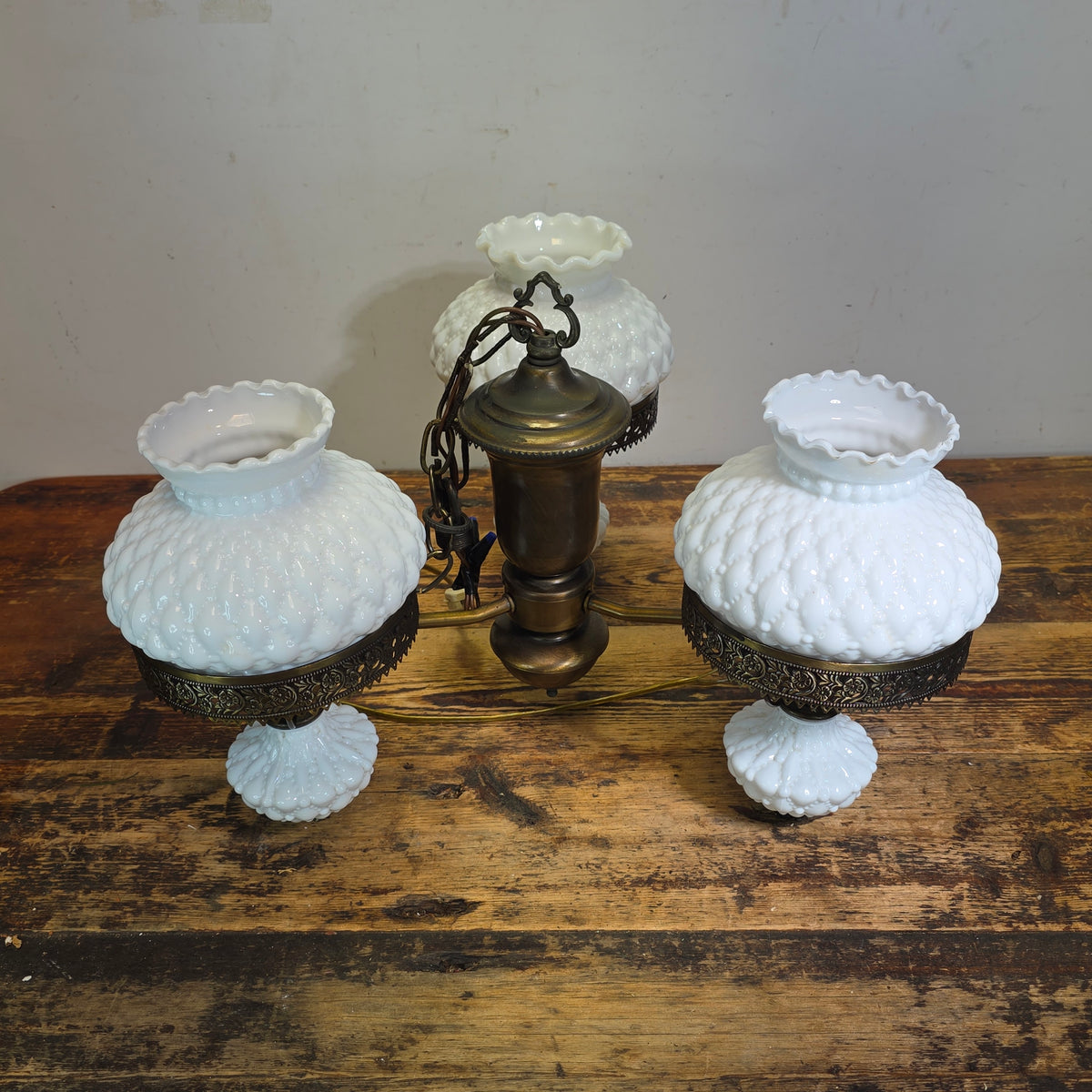 Vintage Hobnail Milk Glass Chandelier 3 Light Brass Hanging Fixture Ceiling Lamp