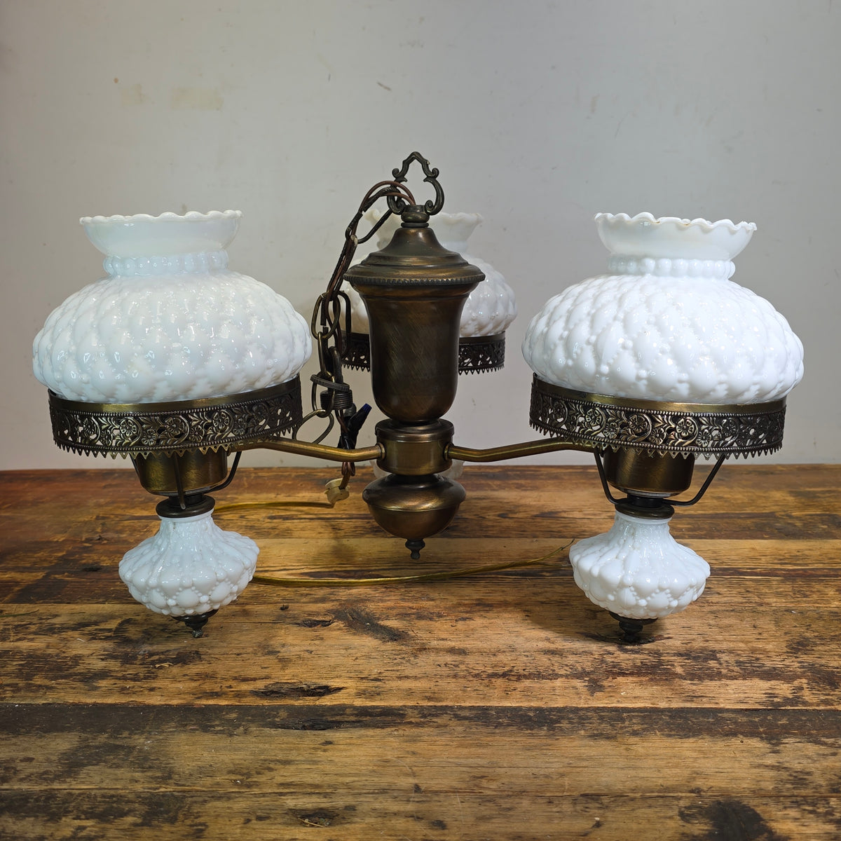 Vintage Hobnail Milk Glass Chandelier 3 Light Brass Hanging Fixture Ceiling Lamp