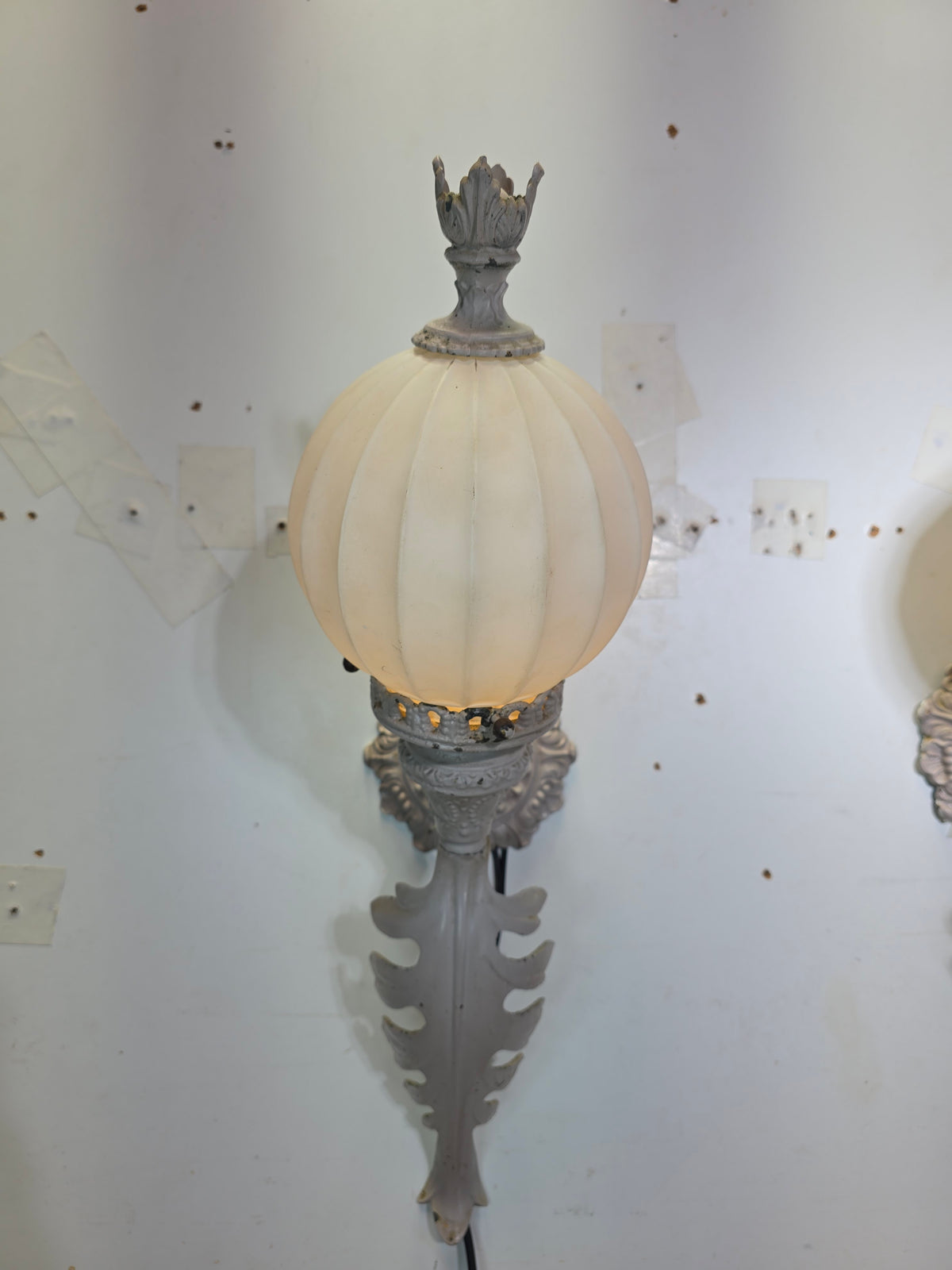 Vintage Brass Neoclassical Torchere Wall Sconce Pair Art Deco Shabby Grey Glass