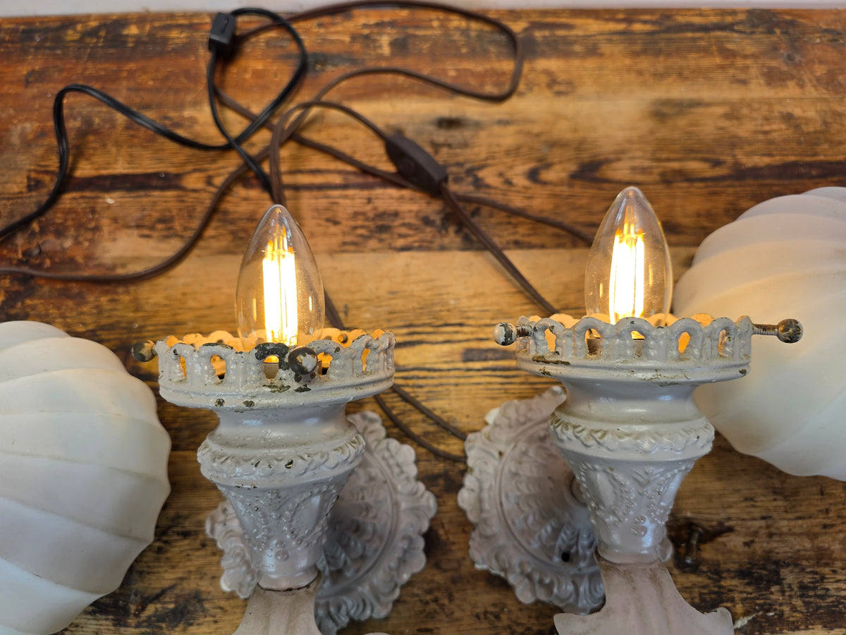 Vintage Brass Neoclassical Torchere Wall Sconce Pair Art Deco Shabby Grey Glass