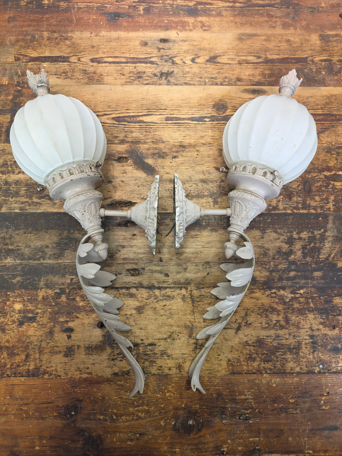 Vintage Brass Neoclassical Torchere Wall Sconce Pair Art Deco Shabby Grey Glass