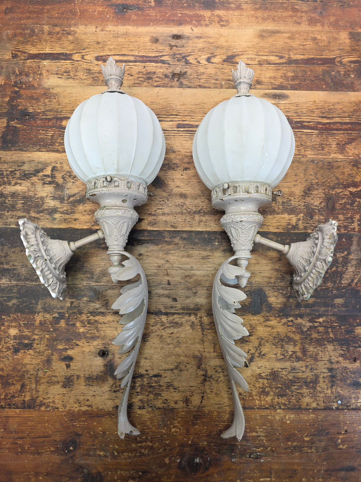 Vintage Brass Neoclassical Torchere Wall Sconce Pair Art Deco Shabby Grey Glass