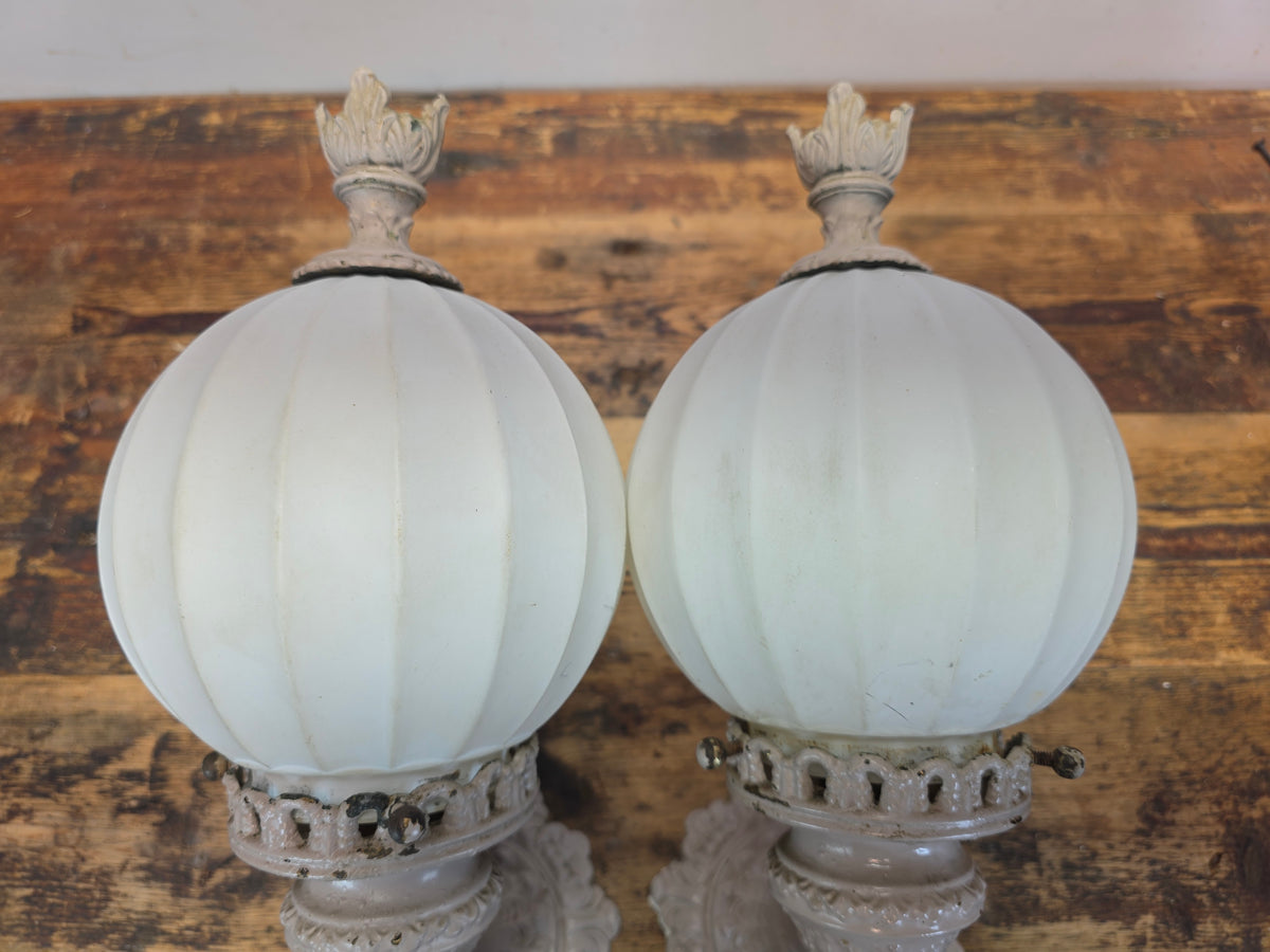Vintage Brass Neoclassical Torchere Wall Sconce Pair Art Deco Shabby Grey Glass