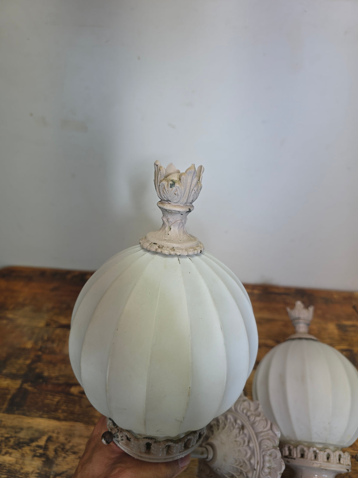 Vintage Brass Neoclassical Torchere Wall Sconce Pair Art Deco Shabby Grey Glass