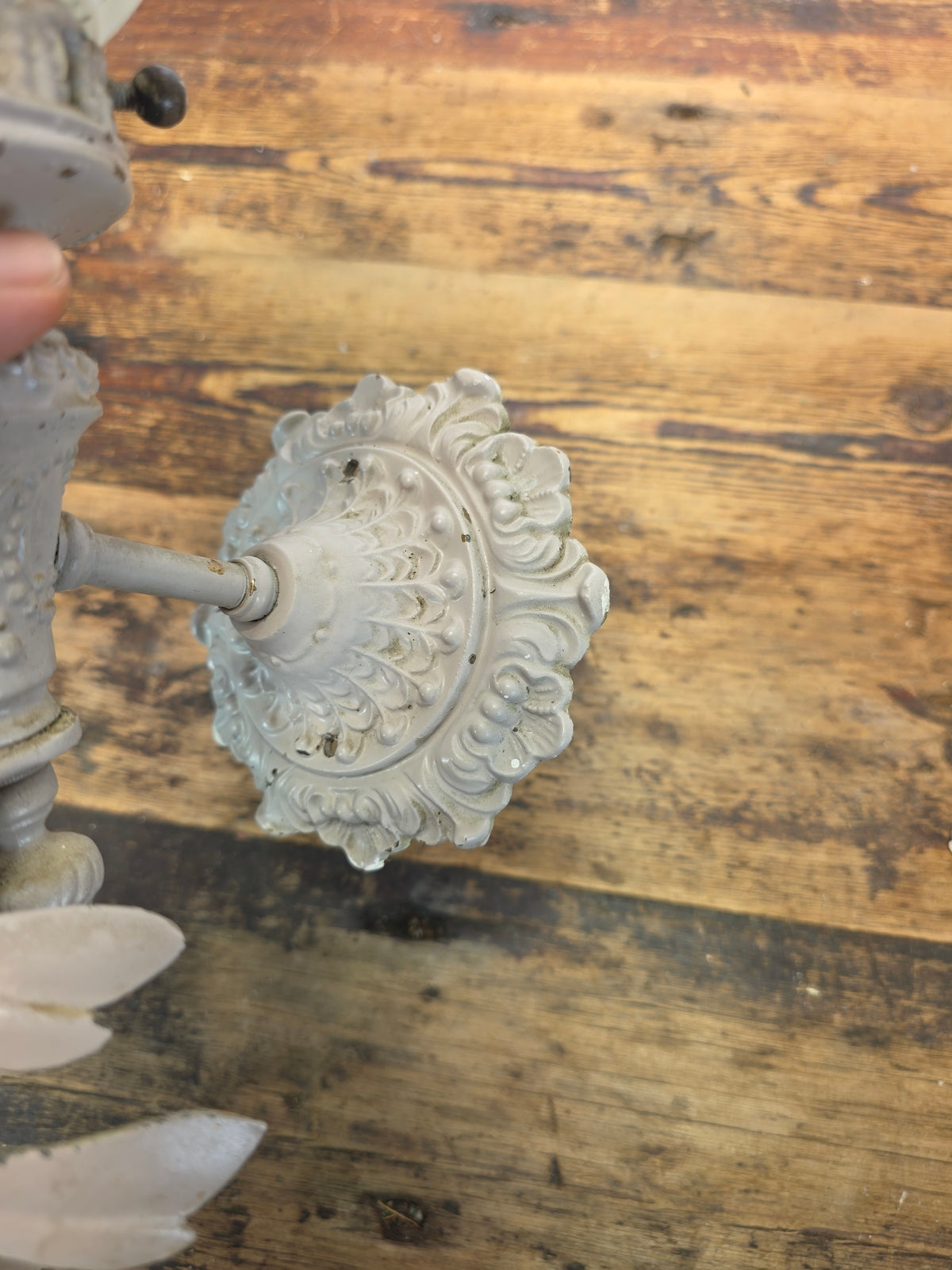 Vintage Brass Neoclassical Torchere Wall Sconce Pair Art Deco Shabby Grey Glass