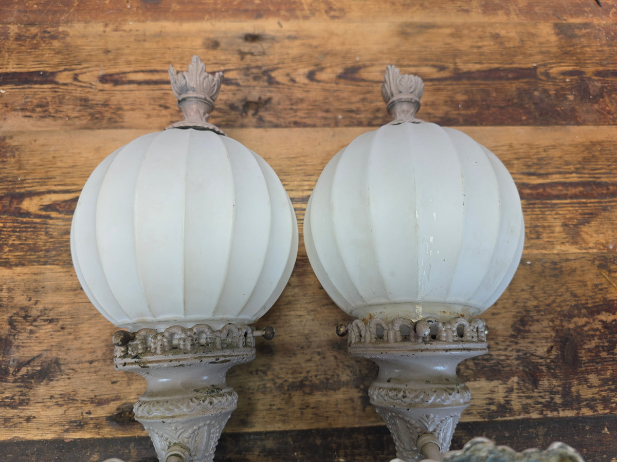 Vintage Brass Neoclassical Torchere Wall Sconce Pair Art Deco Shabby Grey Glass
