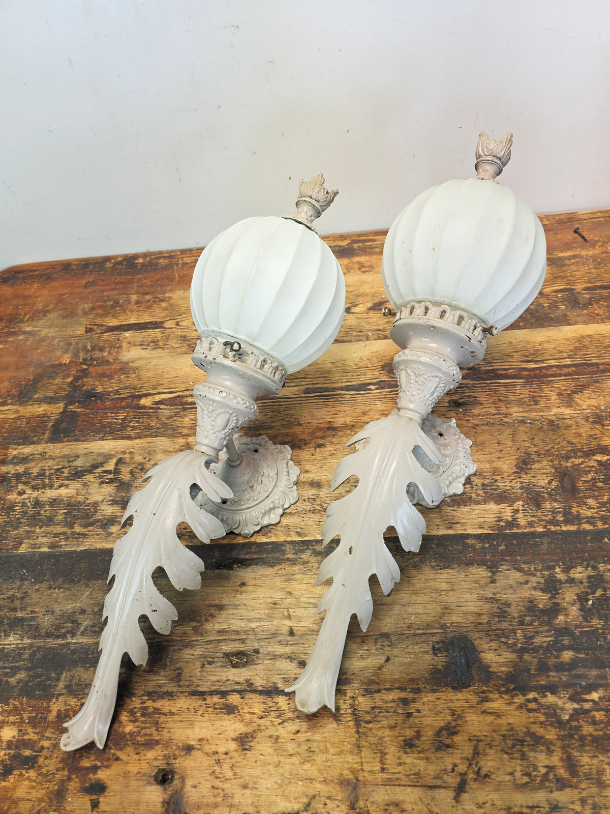 Vintage Brass Neoclassical Torchere Wall Sconce Pair Art Deco Shabby Grey Glass