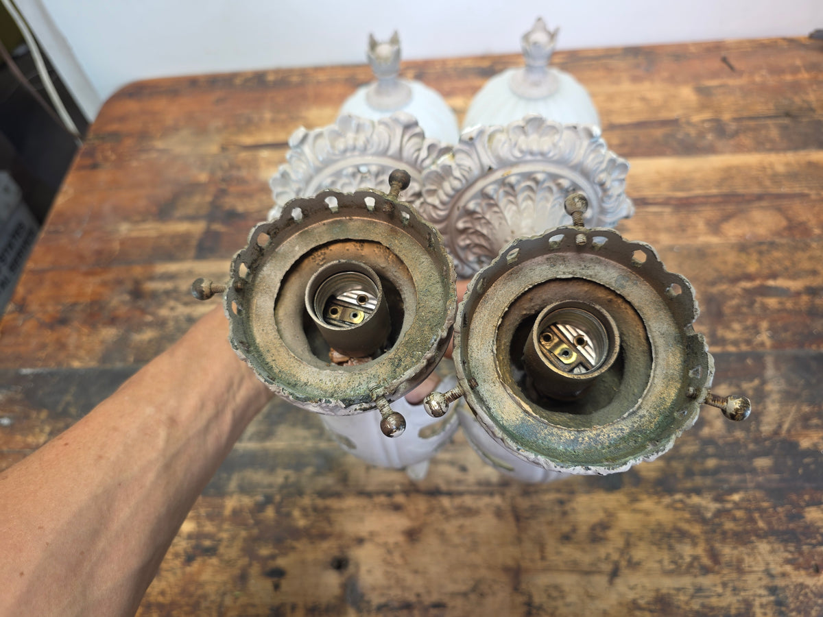 Vintage Brass Neoclassical Torchere Wall Sconce Pair Art Deco Shabby Grey Glass