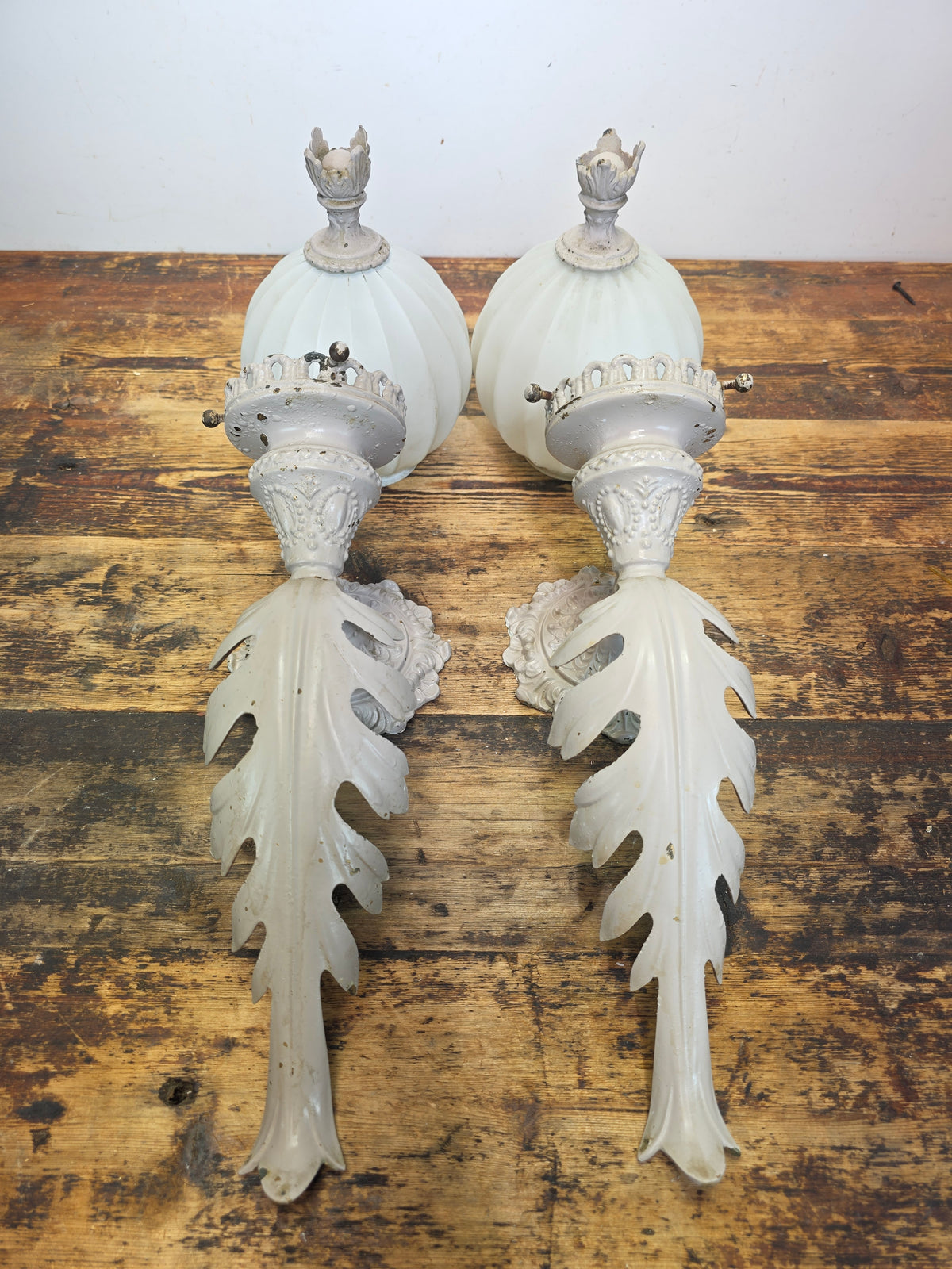 Vintage Brass Neoclassical Torchere Wall Sconce Pair Art Deco Shabby Grey Glass