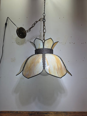 RARE Vintage Slag Glass Lotus Swag Lamp Double Flare Tulip Pendant Light