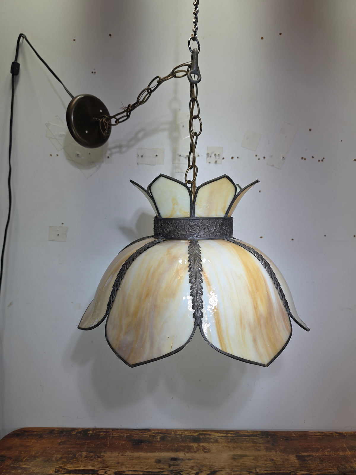 RARE Vintage Slag Glass Lotus Swag Lamp Double Flare Tulip Pendant Light