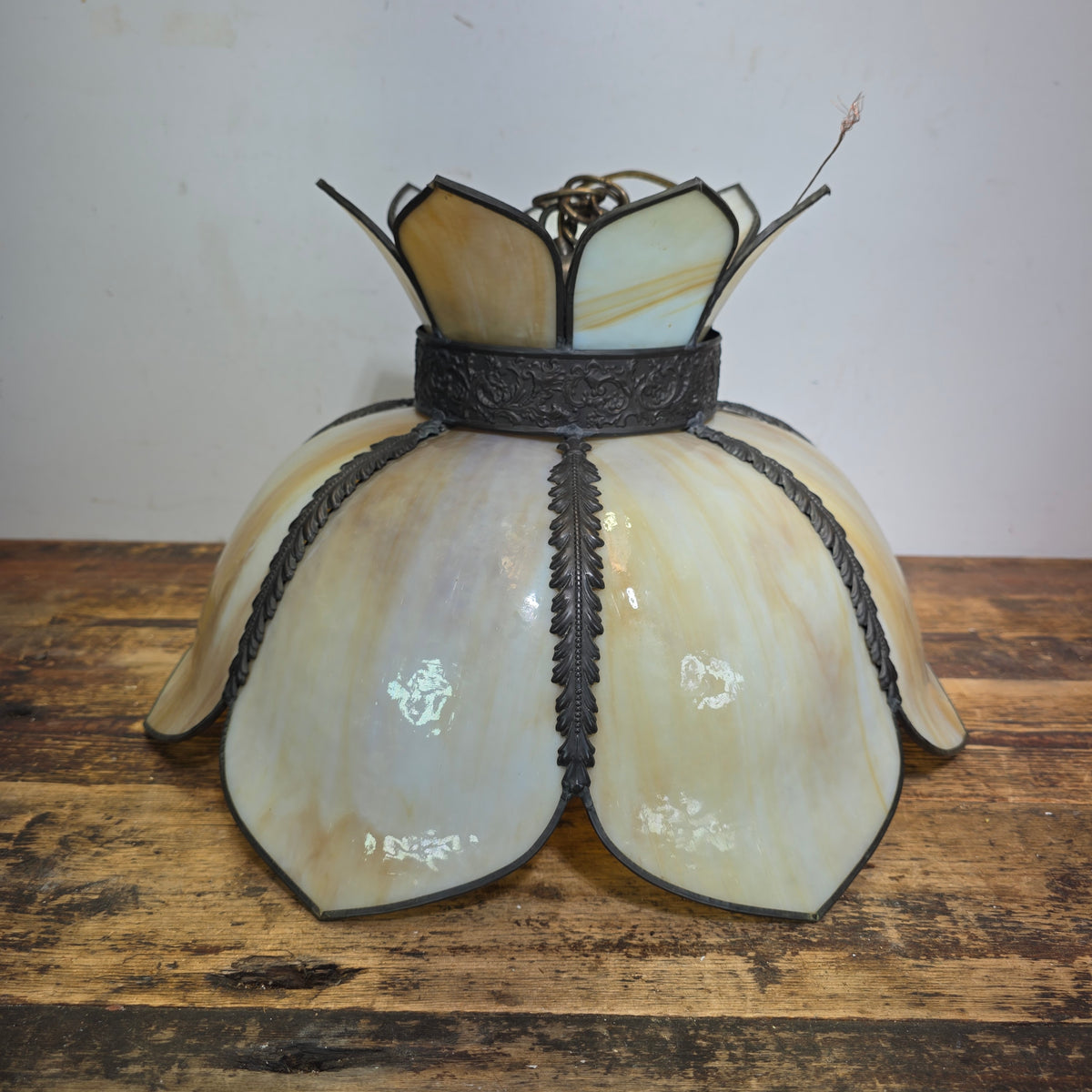 RARE Vintage Slag Glass Lotus Swag Lamp Double Flare Tulip Pendant Light