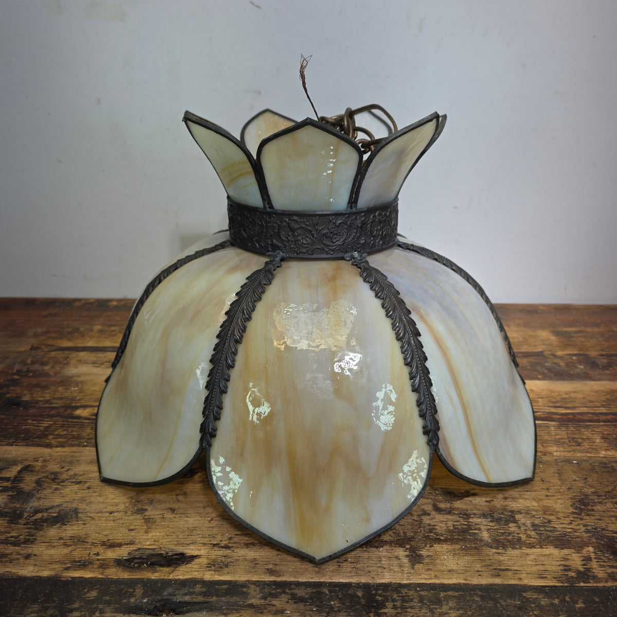 RARE Vintage Slag Glass Lotus Swag Lamp Double Flare Tulip Pendant Light
