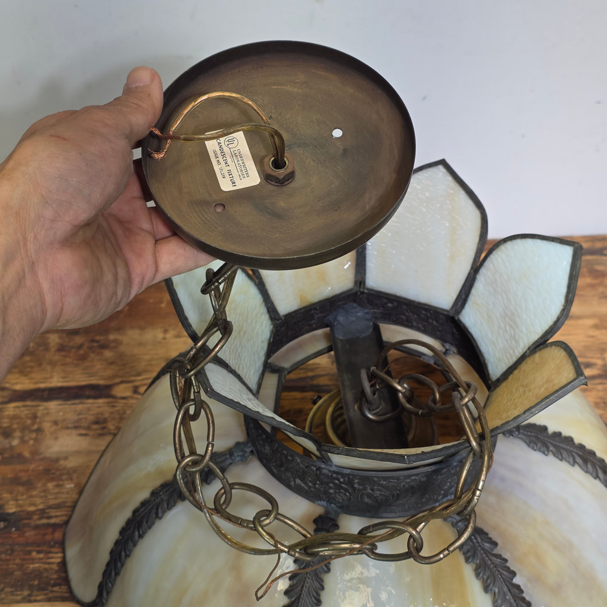 RARE Vintage Slag Glass Lotus Swag Lamp Double Flare Tulip Pendant Light