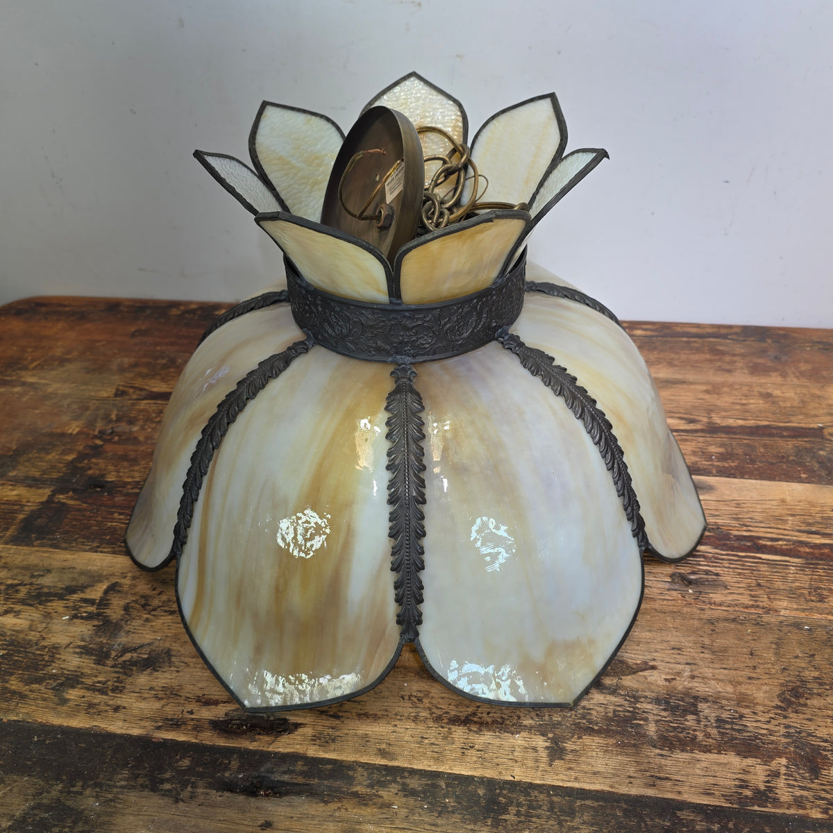 RARE Vintage Slag Glass Lotus Swag Lamp Double Flare Tulip Pendant Light