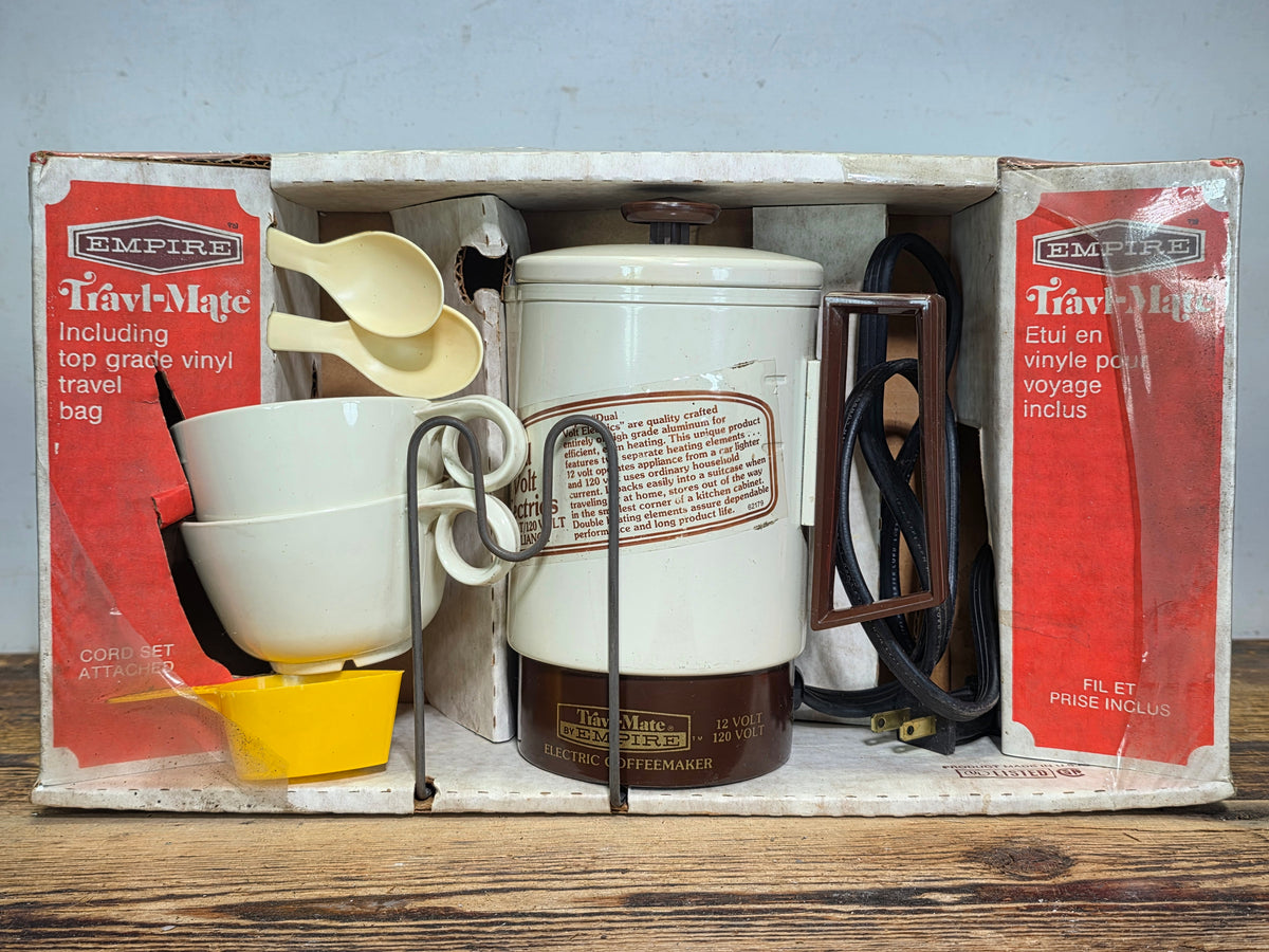 Vintage Empire Travl Mate Coffee Maker 1660-28 Almond Dual Volt 12V 120V Kit Box