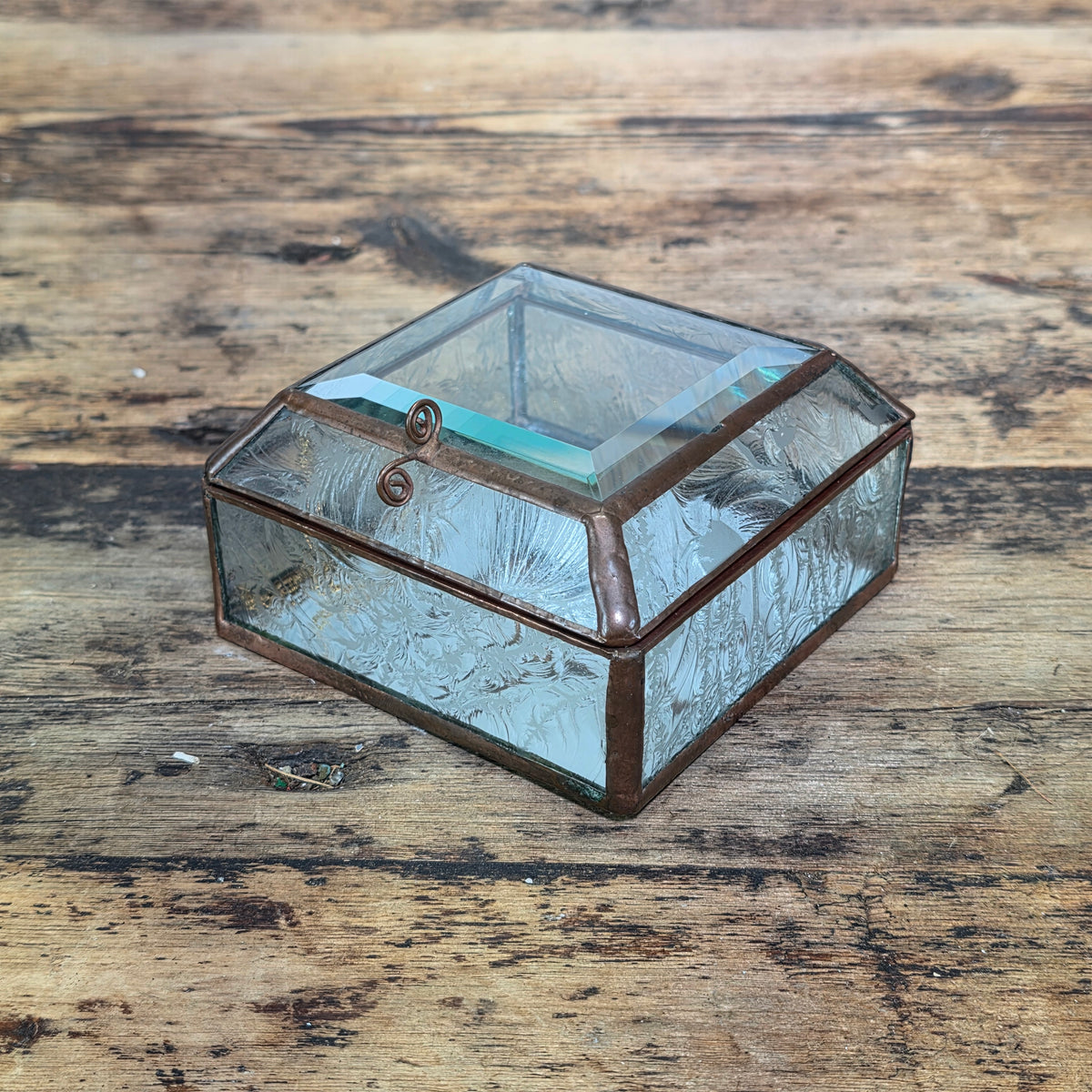 Vintage Glass Brass Jewelry Trinket Box Beveled Lid Frosted Floral Mirror Base