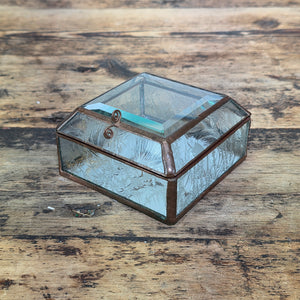 Vintage Glass Brass Jewelry Trinket Box Beveled Lid Frosted Floral Mirror Base