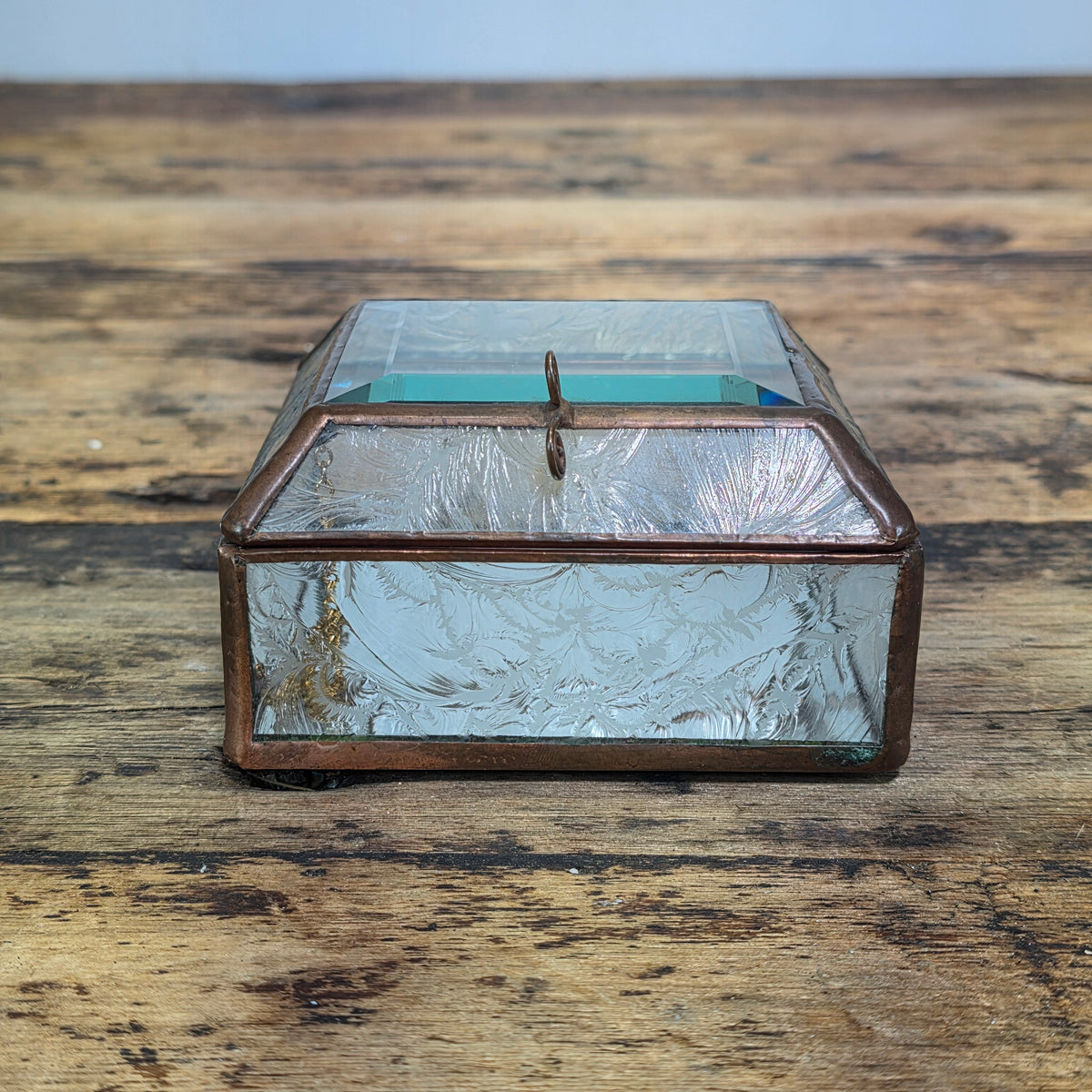 Vintage Glass Brass Jewelry Trinket Box Beveled Lid Frosted Floral Mirror Base