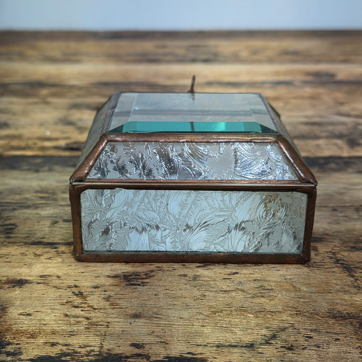 Vintage Glass Brass Jewelry Trinket Box Beveled Lid Frosted Floral Mirror Base