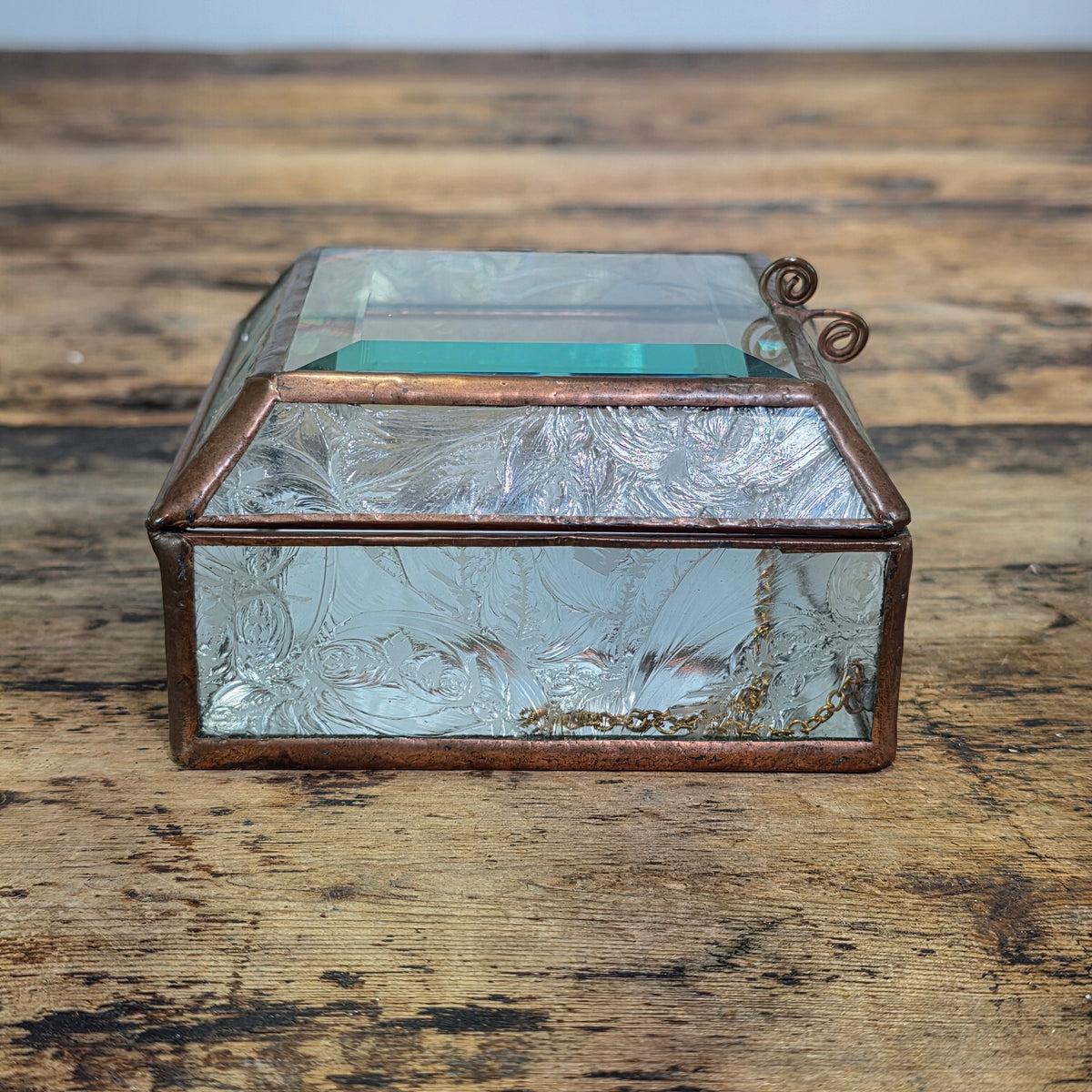 Vintage Glass Brass Jewelry Trinket Box Beveled Lid Frosted Floral Mirror Base