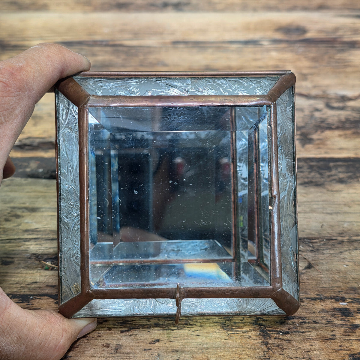 Vintage Glass Brass Jewelry Trinket Box Beveled Lid Frosted Floral Mirror Base