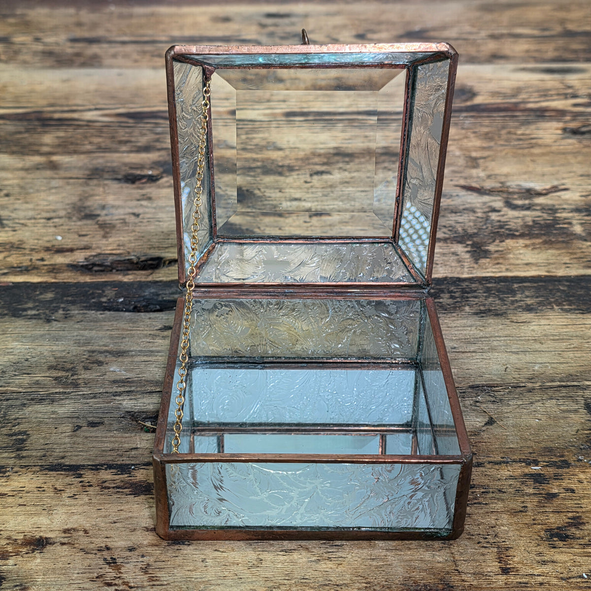 Vintage Glass Brass Jewelry Trinket Box Beveled Lid Frosted Floral Mirror Base