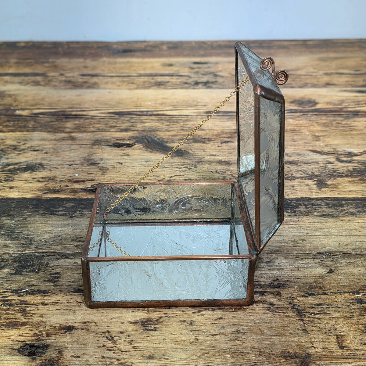 Vintage Glass Brass Jewelry Trinket Box Beveled Lid Frosted Floral Mirror Base