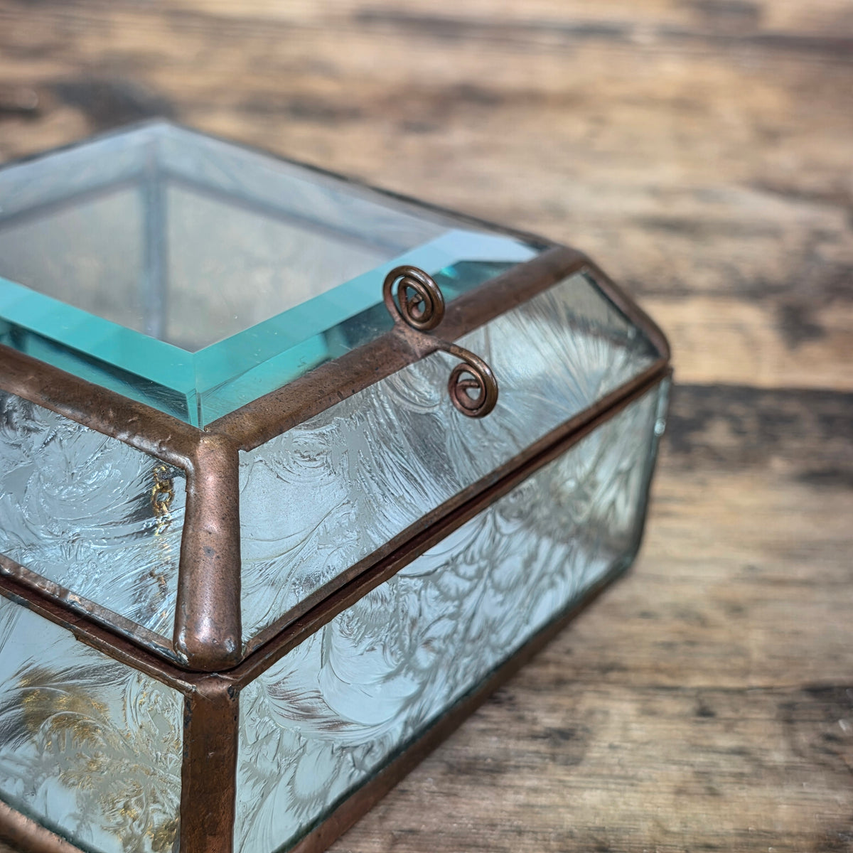 Vintage Glass Brass Jewelry Trinket Box Beveled Lid Frosted Floral Mirror Base