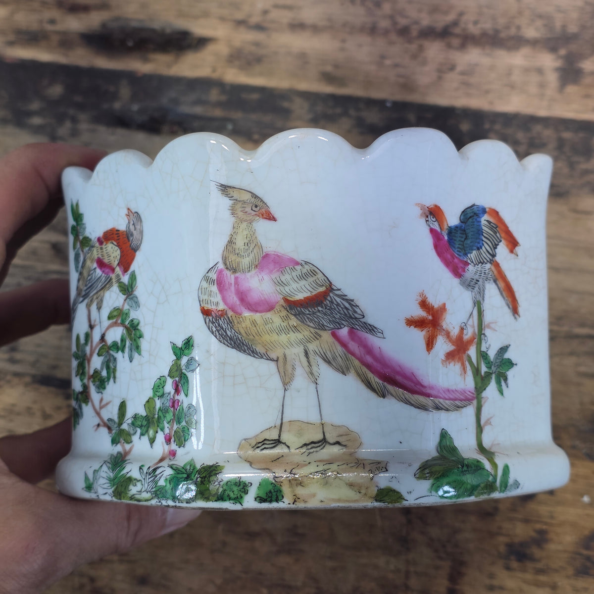 Vintage United Wilson JUWC 1897 Porcelain Bird Planter Cachepot Jardiniere Crack