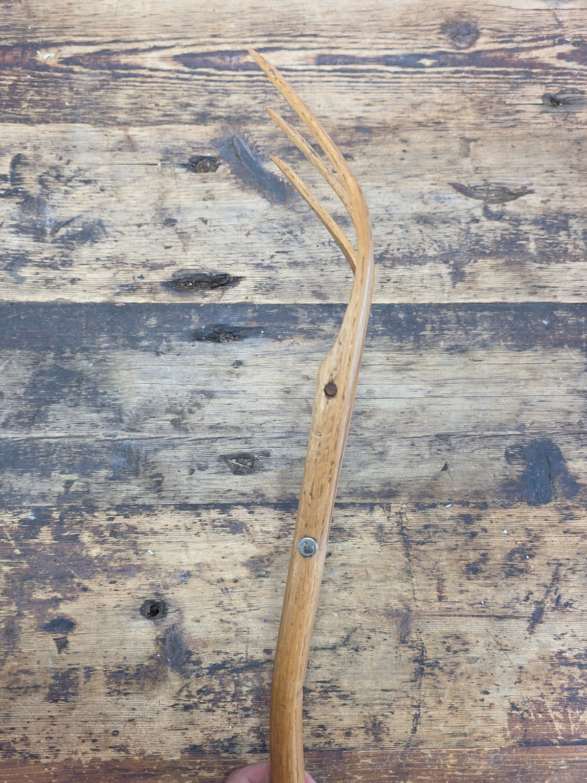 Vintage 3 Tine Oak Wooden Pitchfork Hand Carved Primitive Hay Straw Fork 34"