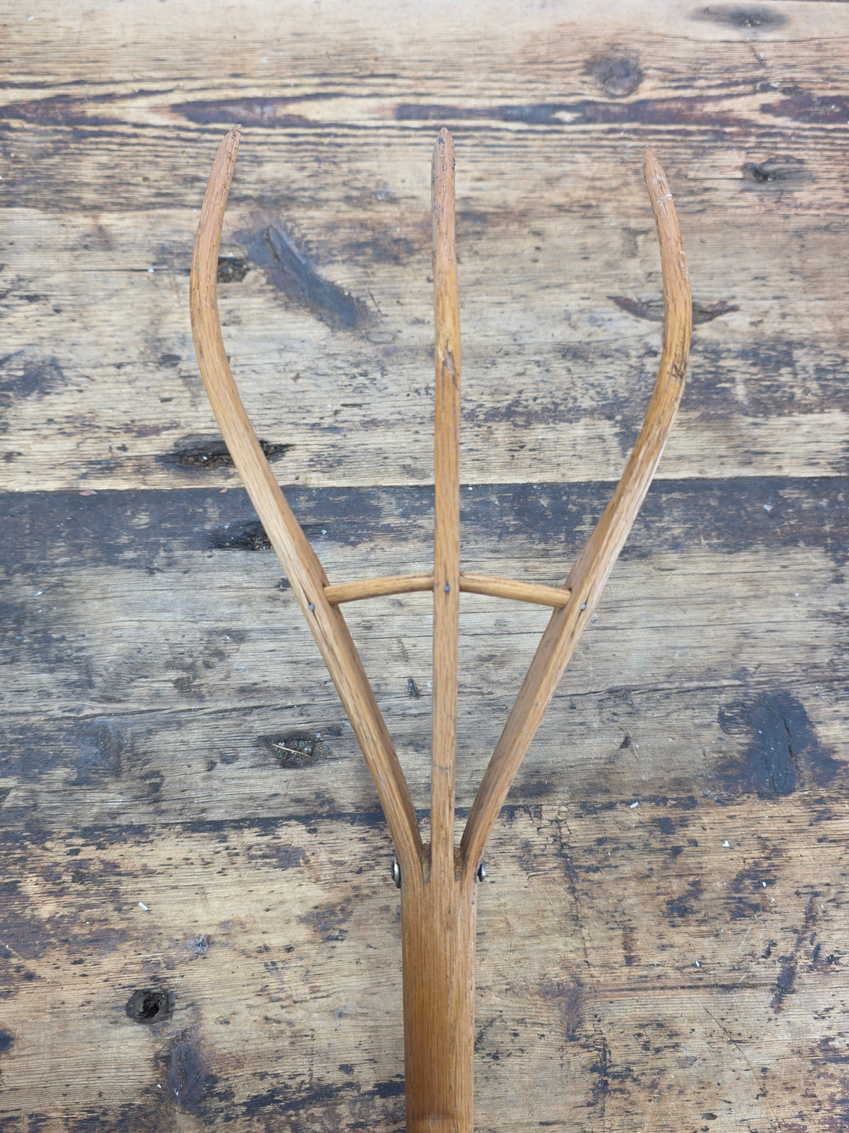 Vintage 3 Tine Oak Wooden Pitchfork Hand Carved Primitive Hay Straw Fork 34"