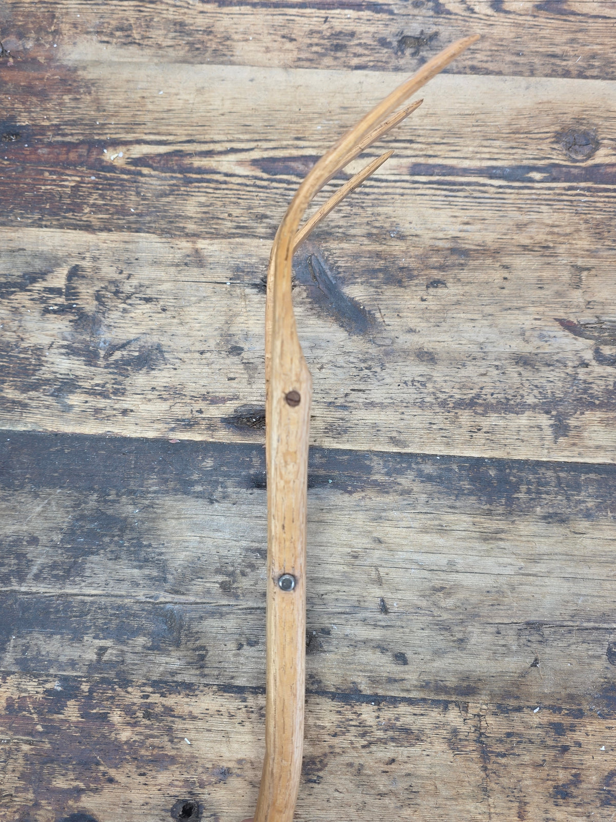 Vintage 3 Tine Oak Wooden Pitchfork Hand Carved Primitive Hay Straw Fork 34"