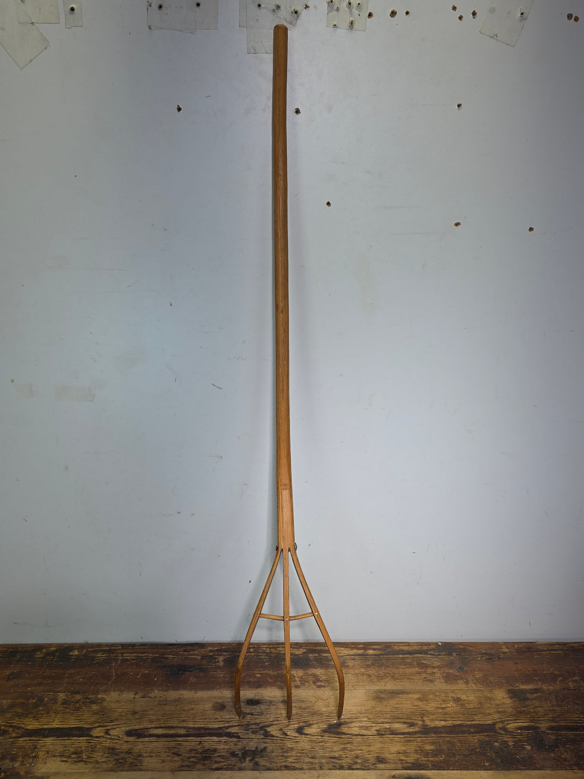 Vintage 3 Tine Oak Wooden Pitchfork Hand Carved Primitive Hay Straw Fork 34"