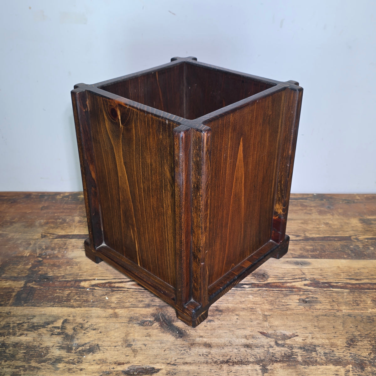 Vintage Mission Arts Crafts Wood Waste Basket Trash Can Planter Box Dark Square