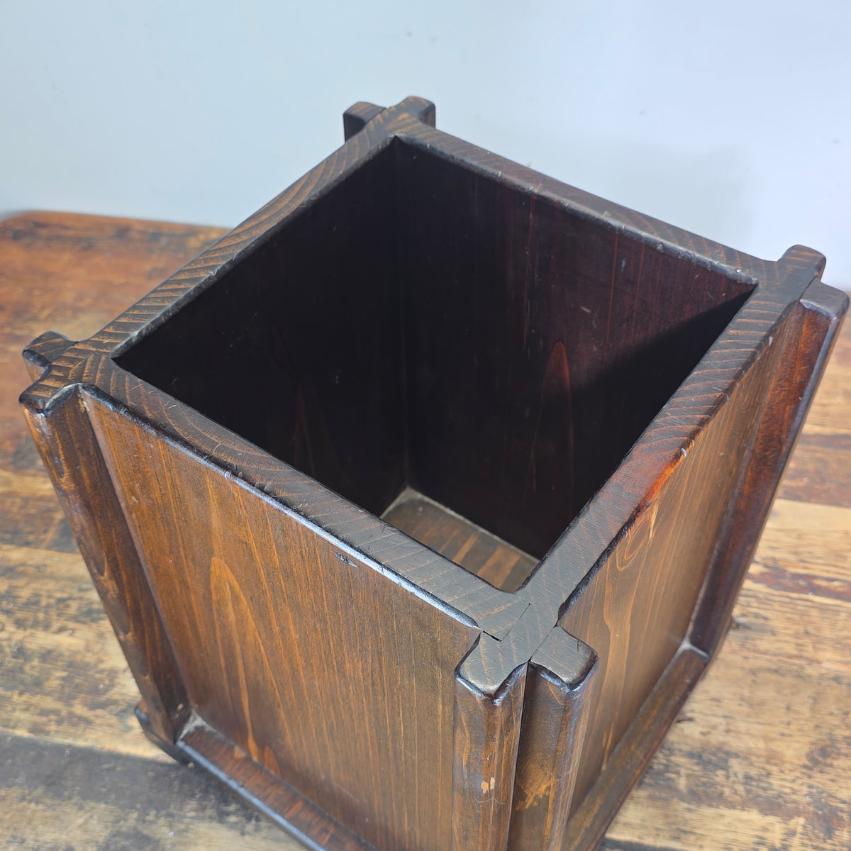 Vintage Mission Arts Crafts Wood Waste Basket Trash Can Planter Box Dark Square