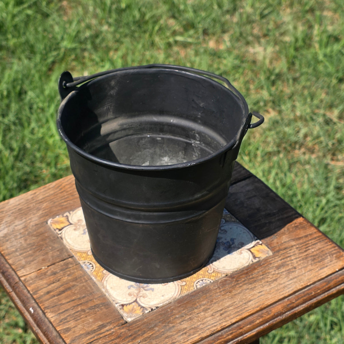 Vintage Black Galvanized Metal Bucket 6" Small Rustic Farmhouse Planter Pail