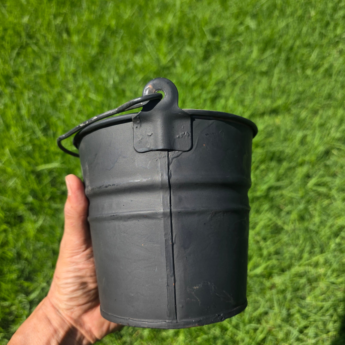 Vintage Black Galvanized Metal Bucket 6" Small Rustic Farmhouse Planter Pail