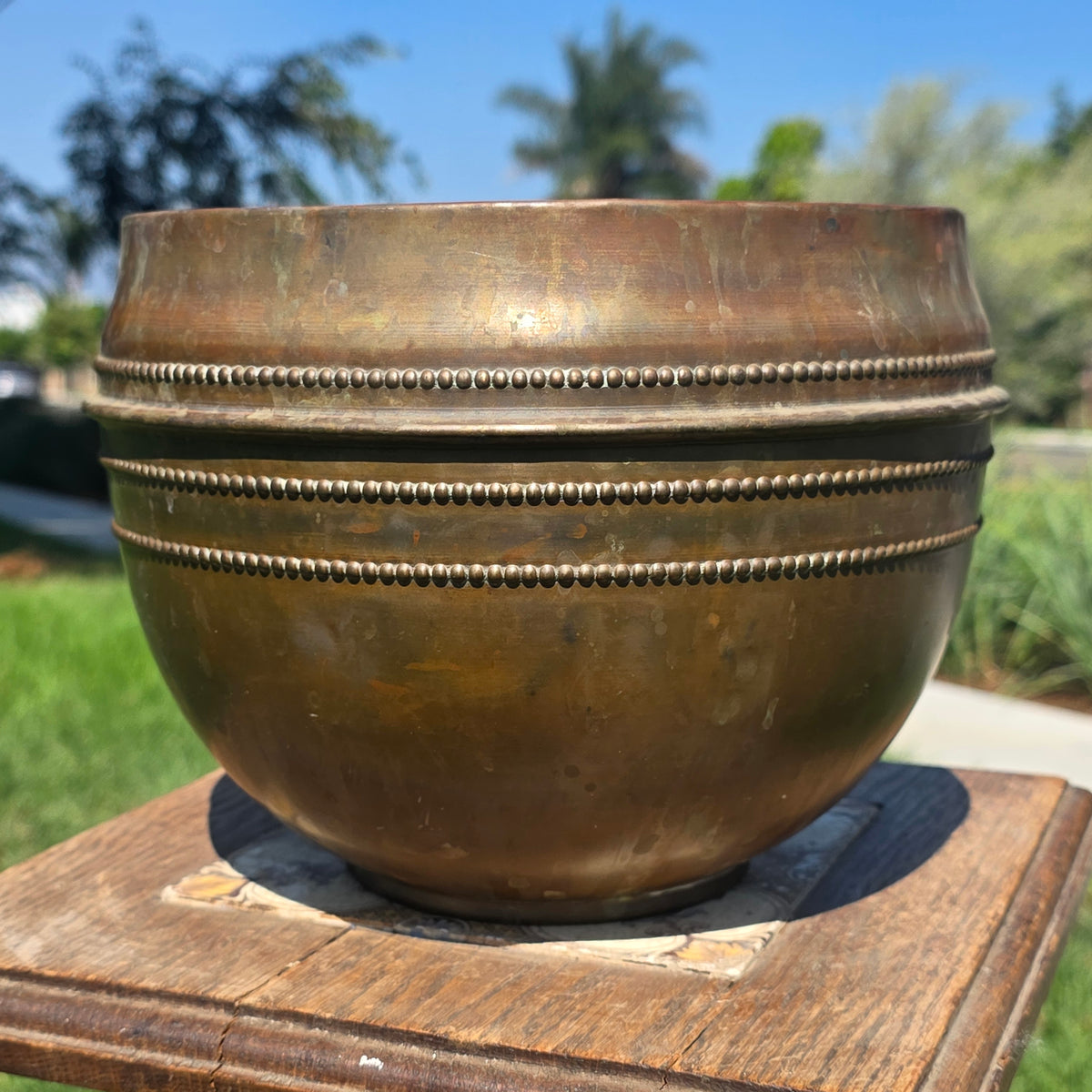 Vintage French Brass Cachepot Beaded Planter Bowl Jardiniere France Pot 9"